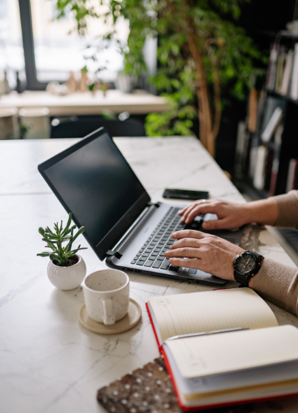 Someone working on a laptop with books and plants in the background