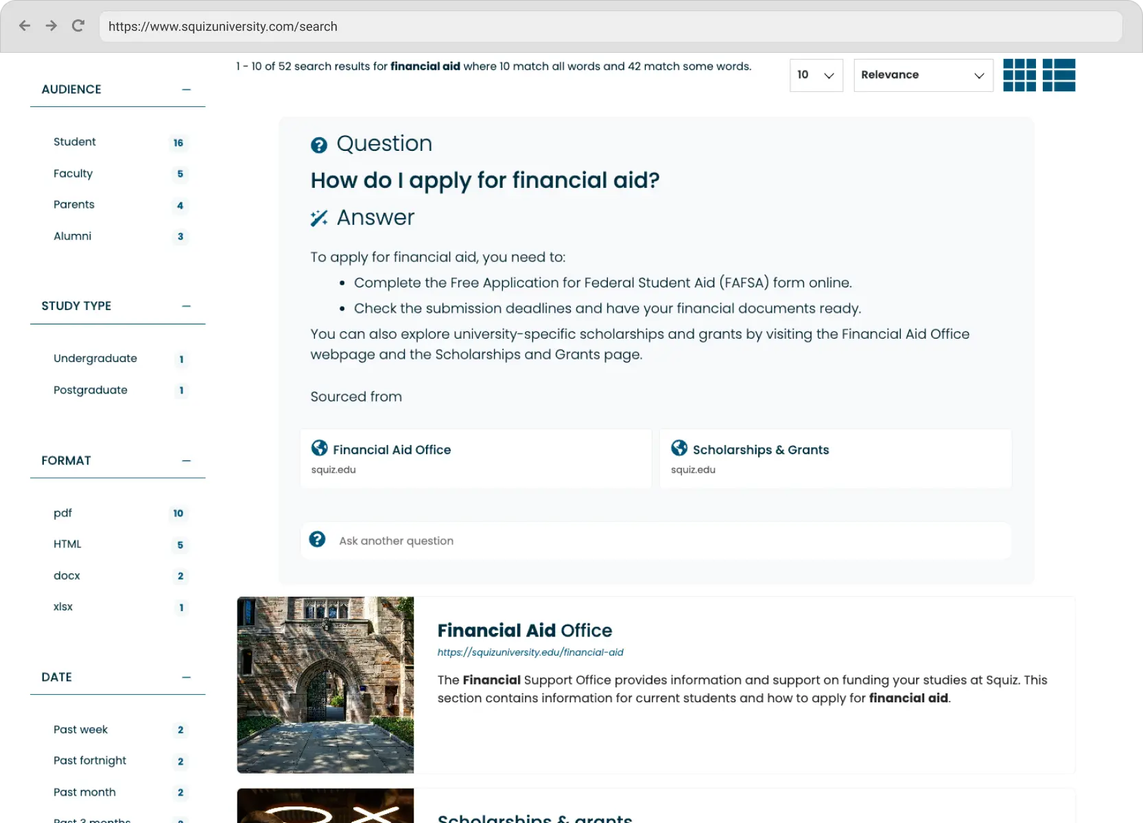 Conversational search interface displaying an AI-generated answer to a financial aid question, with sources and additional search results below.