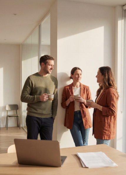 One man and two women talking with a cup of coffee in the office