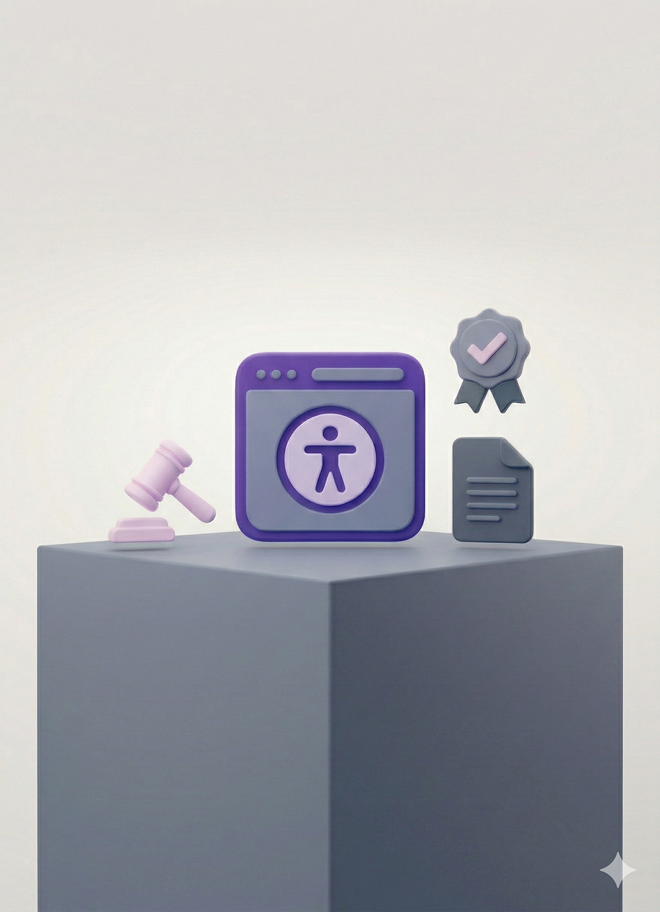 3D illustration of a browser window displaying a web accessibility icon, flanked by a judge's gavel, a certification badge with a checkmark, and a document, representing digital accessibility compliance as a legal requirement.