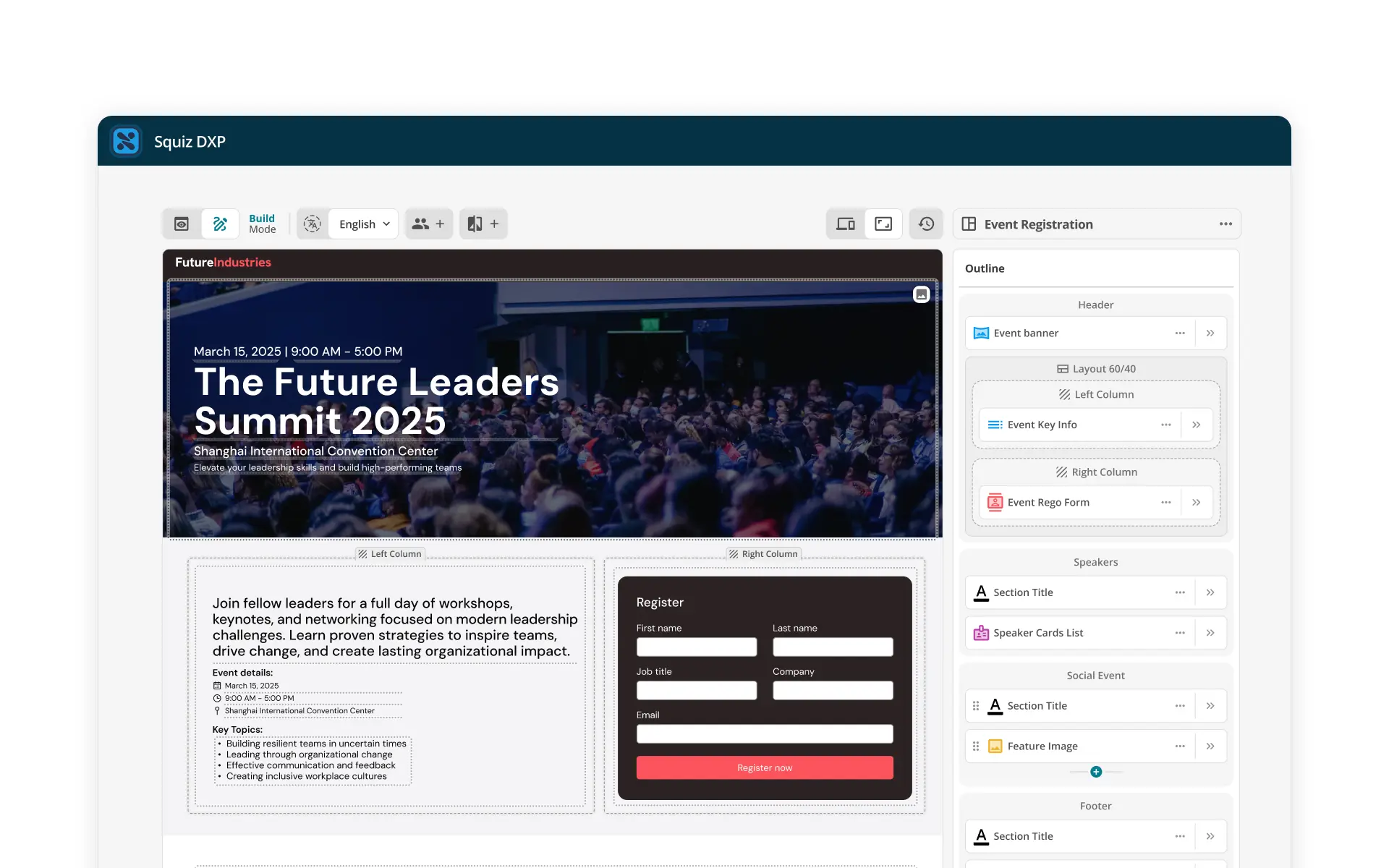 Squiz DXP's visual page builder, showing an event page within an inline editing interface. A 