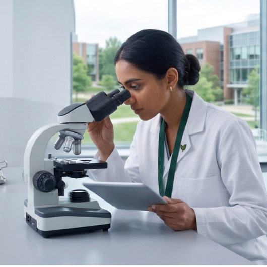 Image of a woman at a microscope