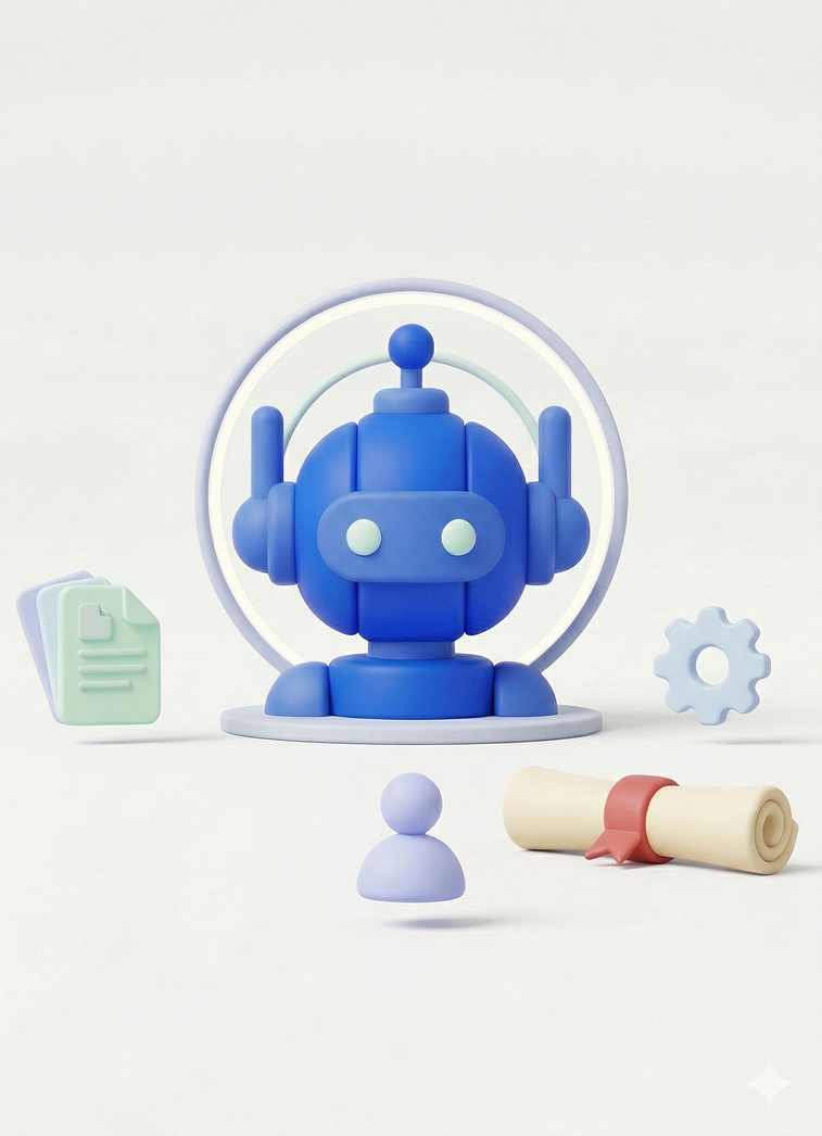 3D illustration of a blue robot surrounded by a document, a settings gear, a diploma scroll, and a person icon, representing AI tools taking on a more active and capable role in digital work and productivity.