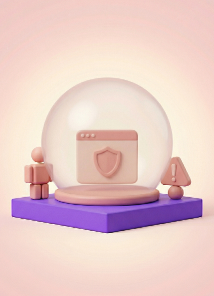 3D illustration of a browser window with a security shield displayed inside a glass dome, flanked by a person icon and a warning triangle, set on a purple podium, representing how a DXP safeguards organisations against cyber threats.