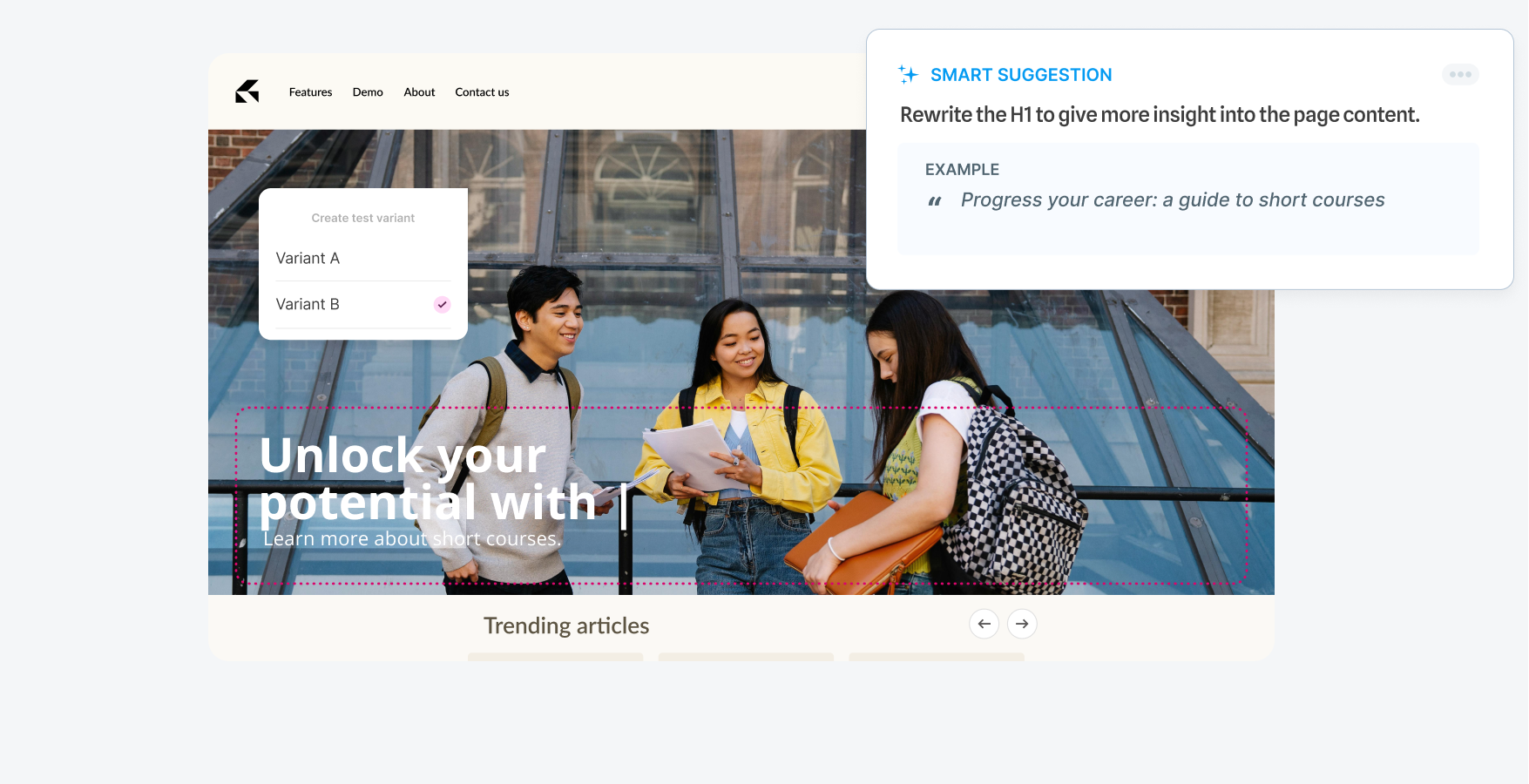 Mock website showing A/B testing and AI-driven text suggestions