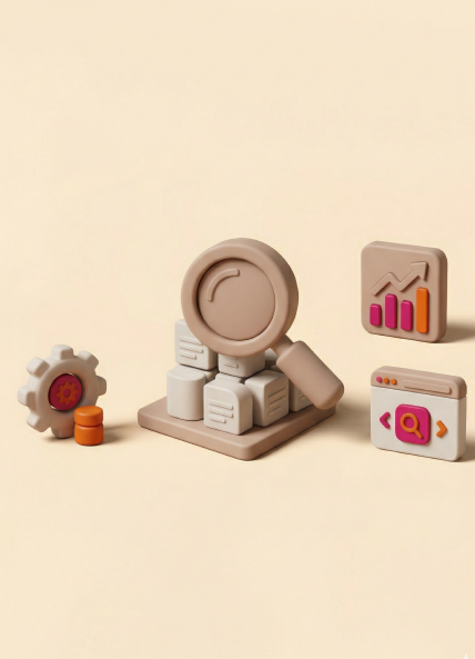 3D illustration of a magnifying glass over a stack of documents, surrounded by a settings gear, a bar chart icon, and a browser window with a search icon, representing best practices for website search configuration and optimisation.