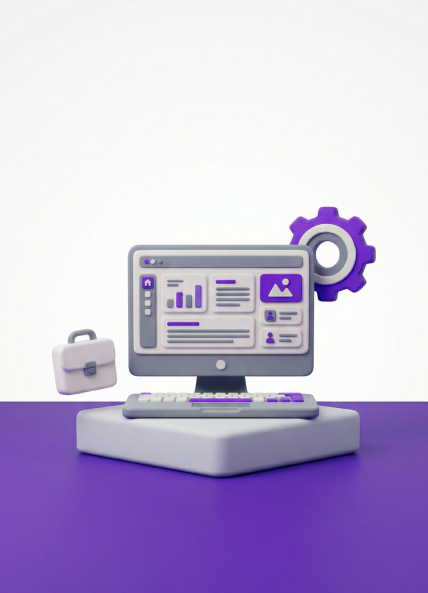 3D illustration of a desktop computer displaying a website with charts, text, and imagery, alongside a briefcase and a settings gear, set on a purple surface, representing website platforms suited to law firms.