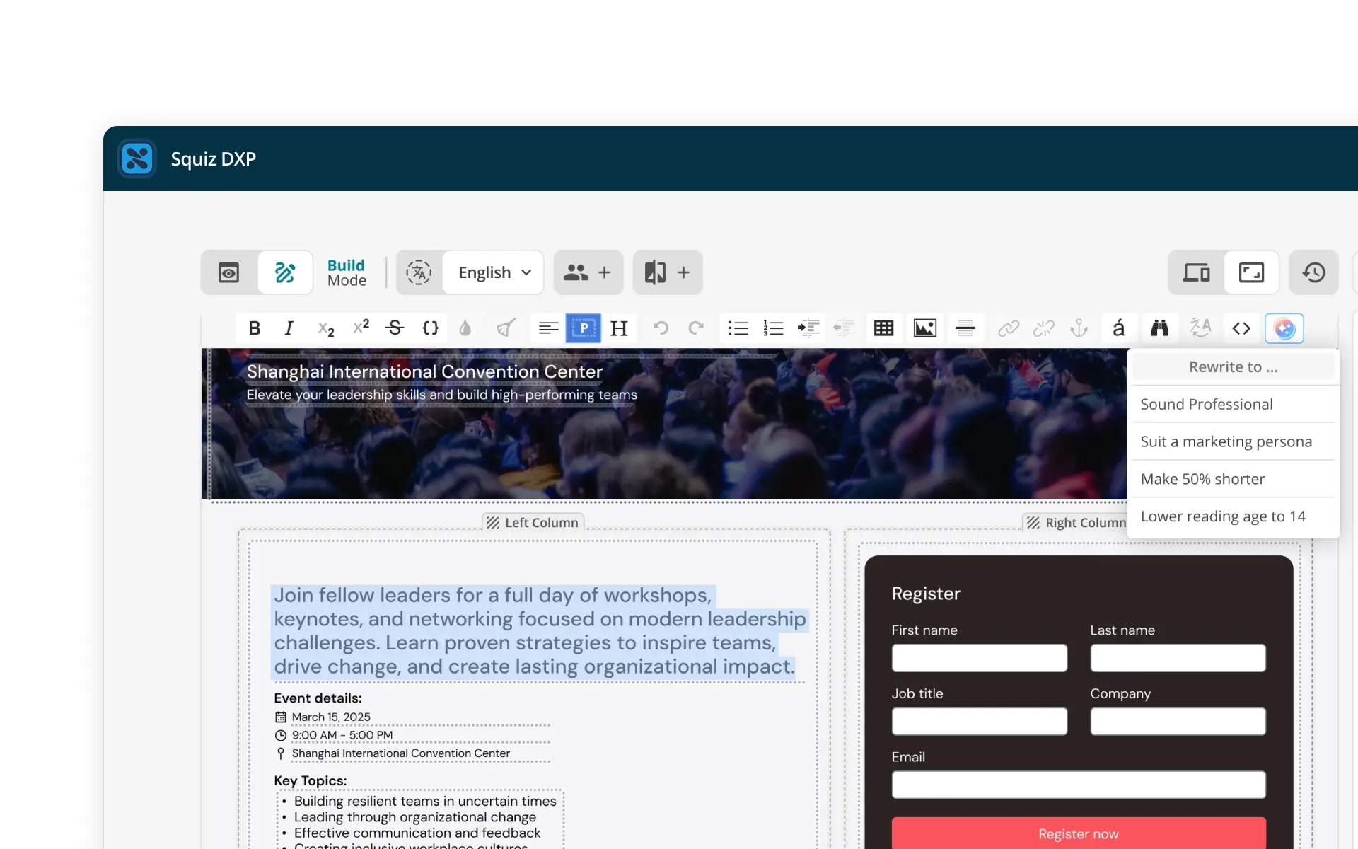 A text editor interface in Squiz DXP showing a highlighted text block, and a GenAI content editing tool featuring a drop-down menu . The drop-down includes options to rewrite to 
