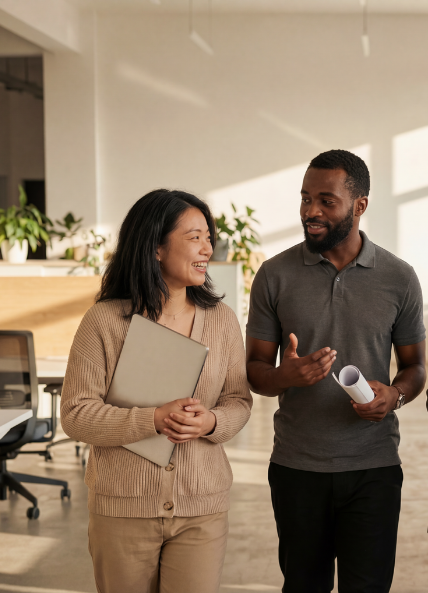 One man and one women walking through the office and talking 