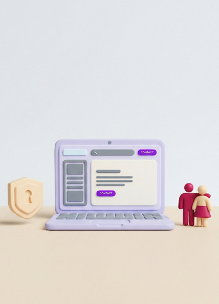 3D illustration of a laptop displaying a government website with navigation menus and contact buttons, alongside a security shield and two human figures, representing website platforms designed for government and public sector organisations.