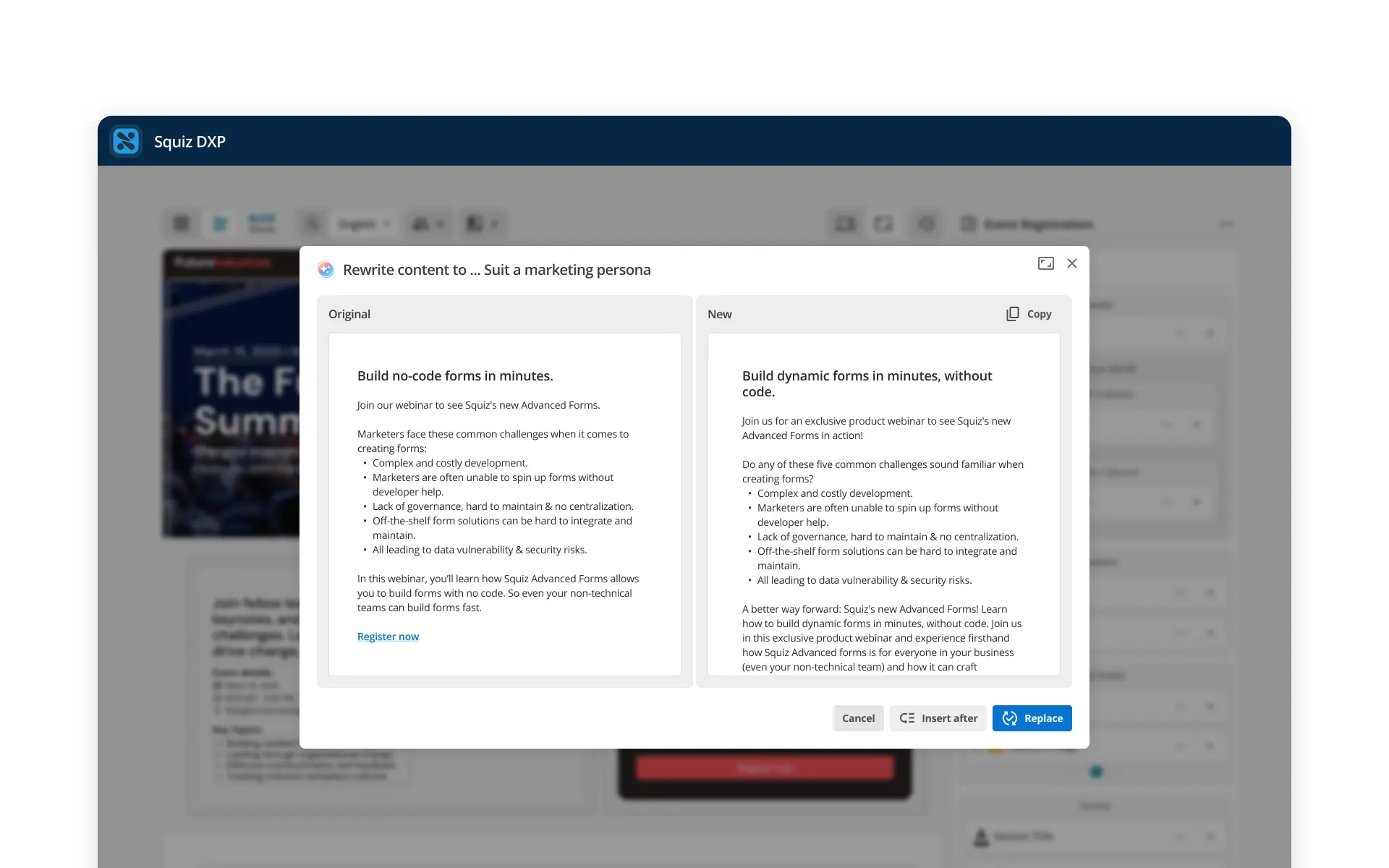 Screenshot of Squiz DXP's GenAI content editing tool. A modal dialog titled 'Rewrite content to... Suit a marketing persona' displays two columns: 'Original' text on the left reading 'Build no-code forms in minutes' with bullet points about form creation challenges, and 'New' AI-generated text on the right with similar content rewritten in a more conversational marketing tone. 