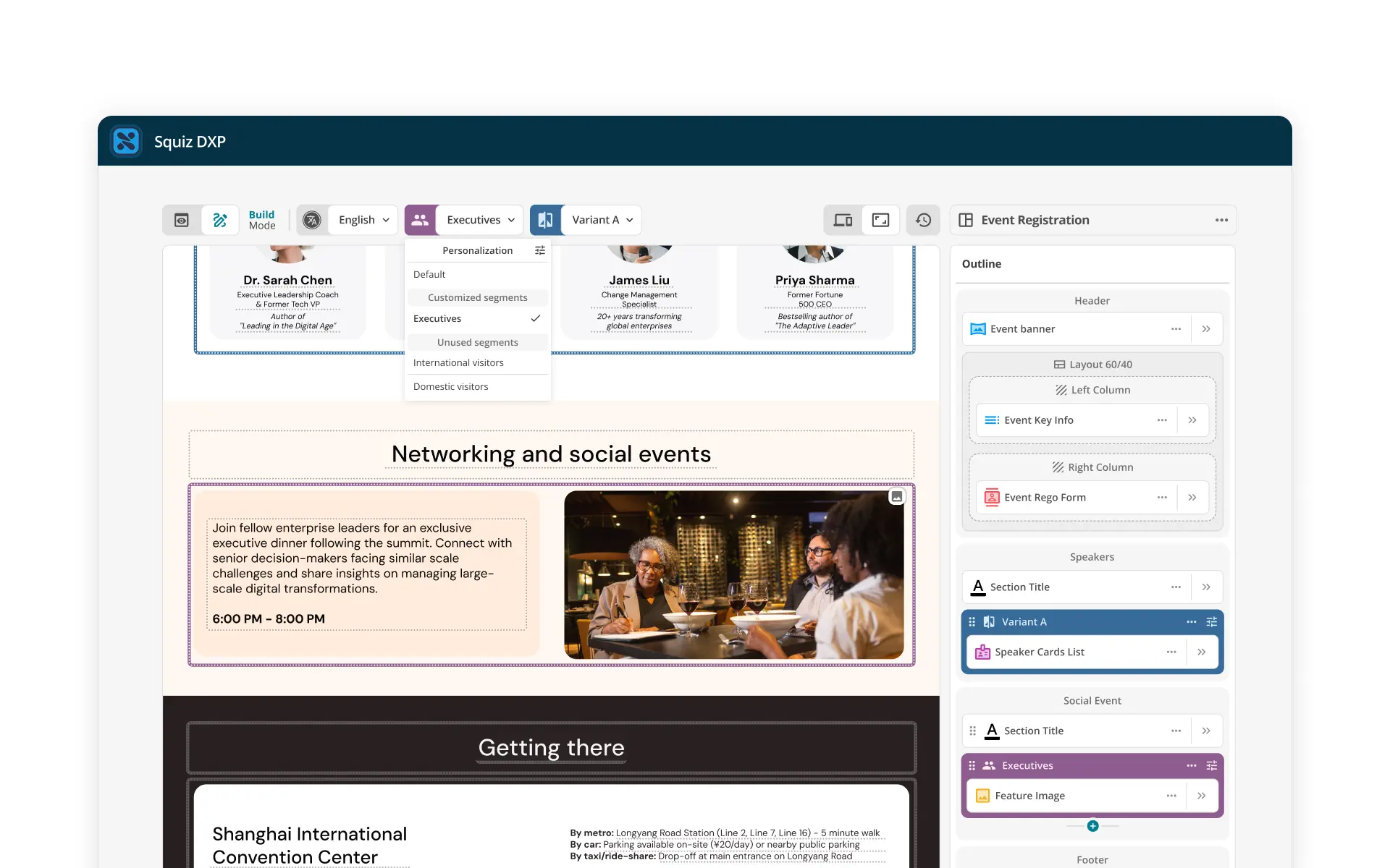 Squiz DXP's visual page builder, showing an event page within an inline editing interface. A 