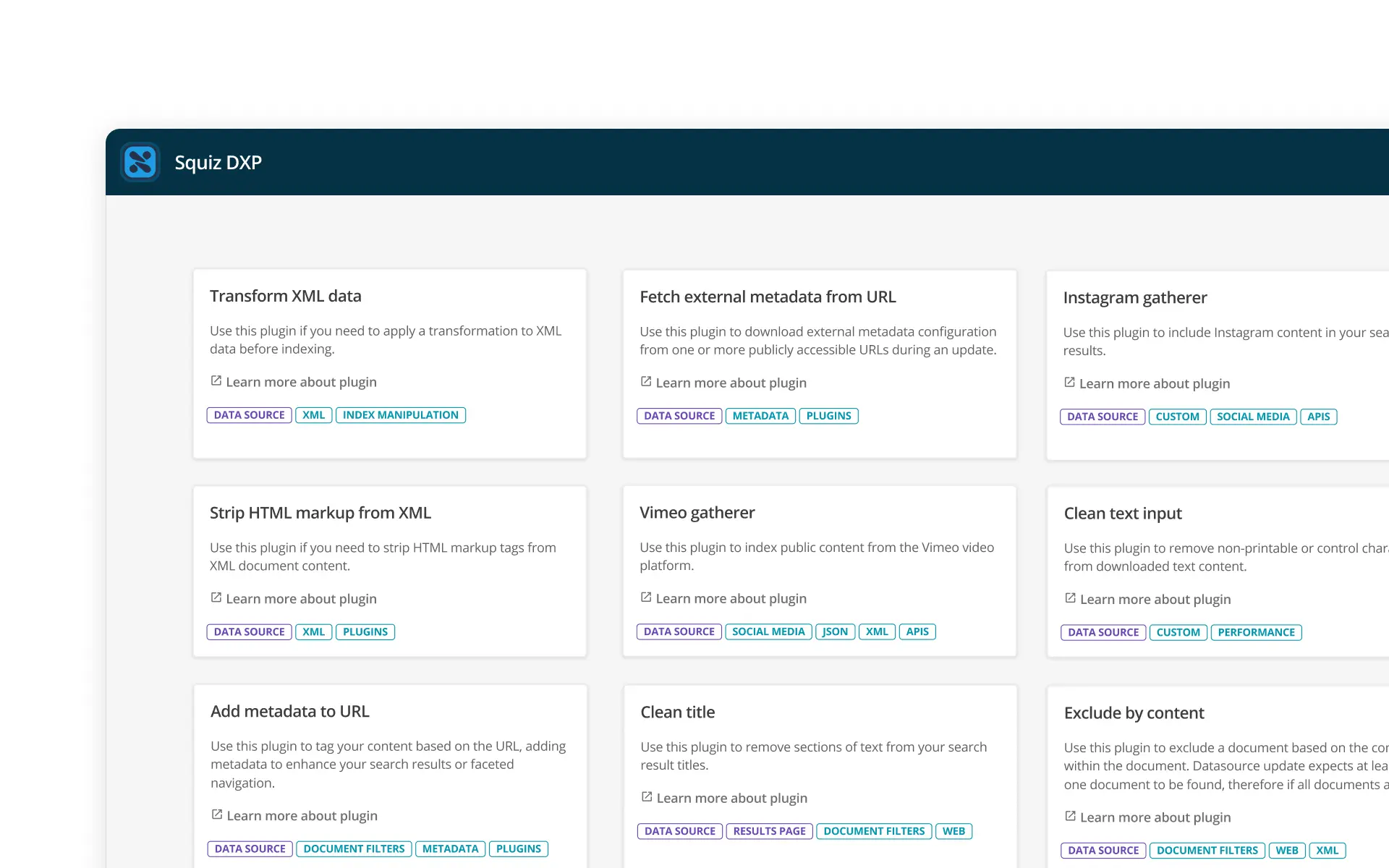 Interface showing a set of data processing plugins in Squiz DXP, including tools for transforming XML, stripping HTML, gathering content from social media, and cleaning or enriching metadata. Designed to handle inconsistent or imperfect data for accurate search results.