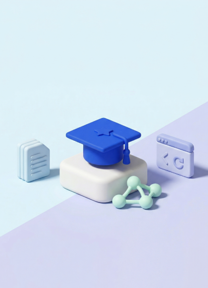 3D illustration of a graduation cap on a podium, surrounded by a stacked document icon, a molecular network, and a browser window icon, representing website platforms built for the needs of higher education institutions.