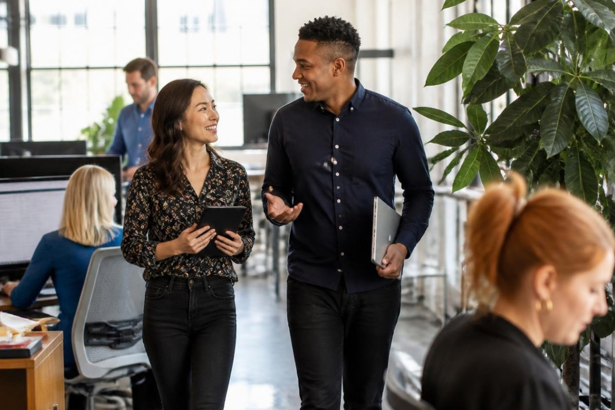 Two colleagues walking through a busy open-plan office, talking and smiling, one holding a tablet and the other a laptop.