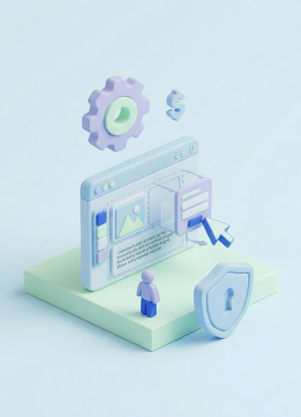 3D illustration of a browser window displaying a website layout with an image placeholder and text content, alongside a person icon, a security shield, a settings gear, and a dollar sign, representing key considerations when choosing a website platform in 2025.