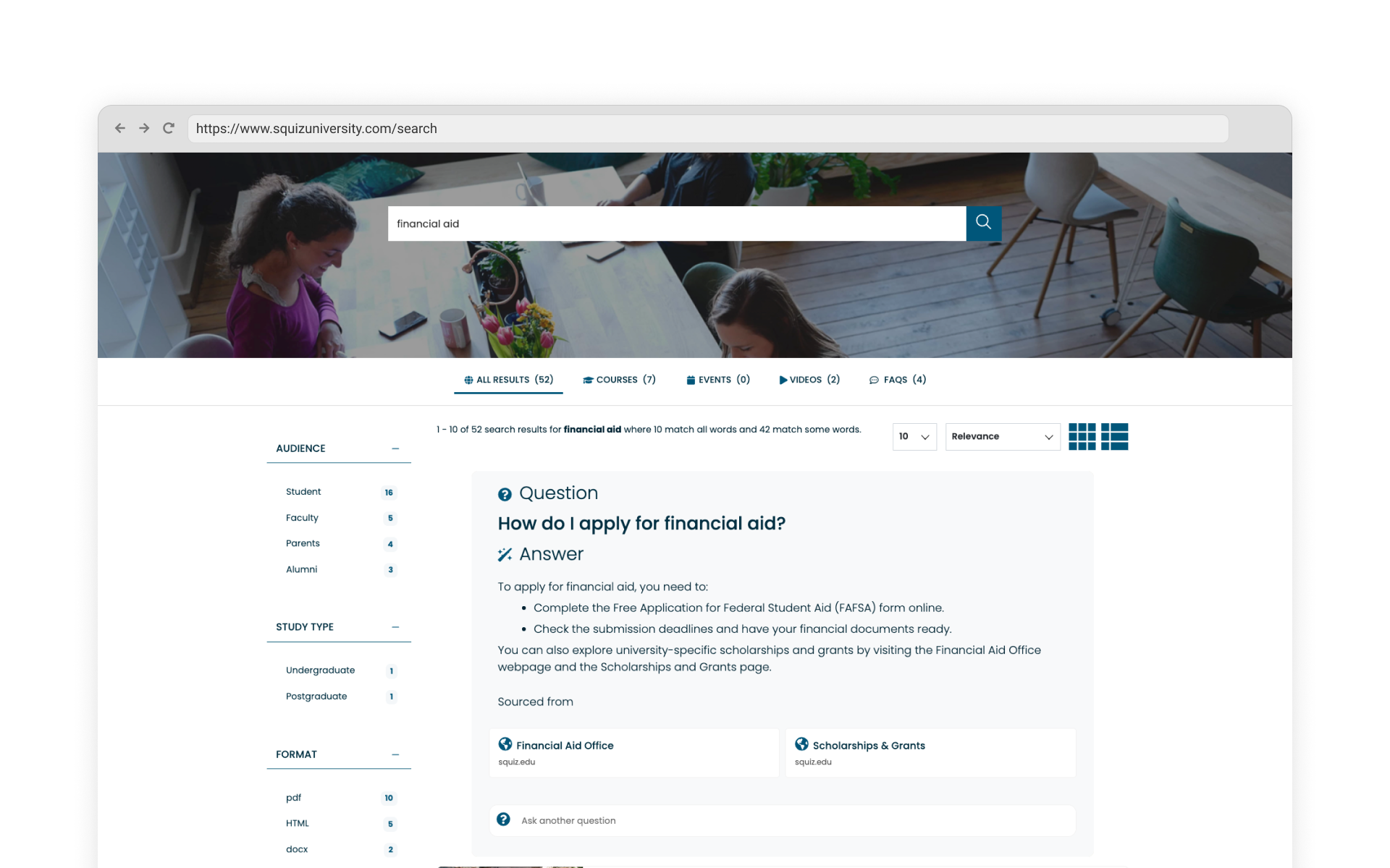 A university website search results page showing 52 results for 'financial aid'. Above the search results, there's an AI-generated Q&A component with a summarized answer and source citations, followed by an 'Ask another question' button. The left sidebar contains search filters.