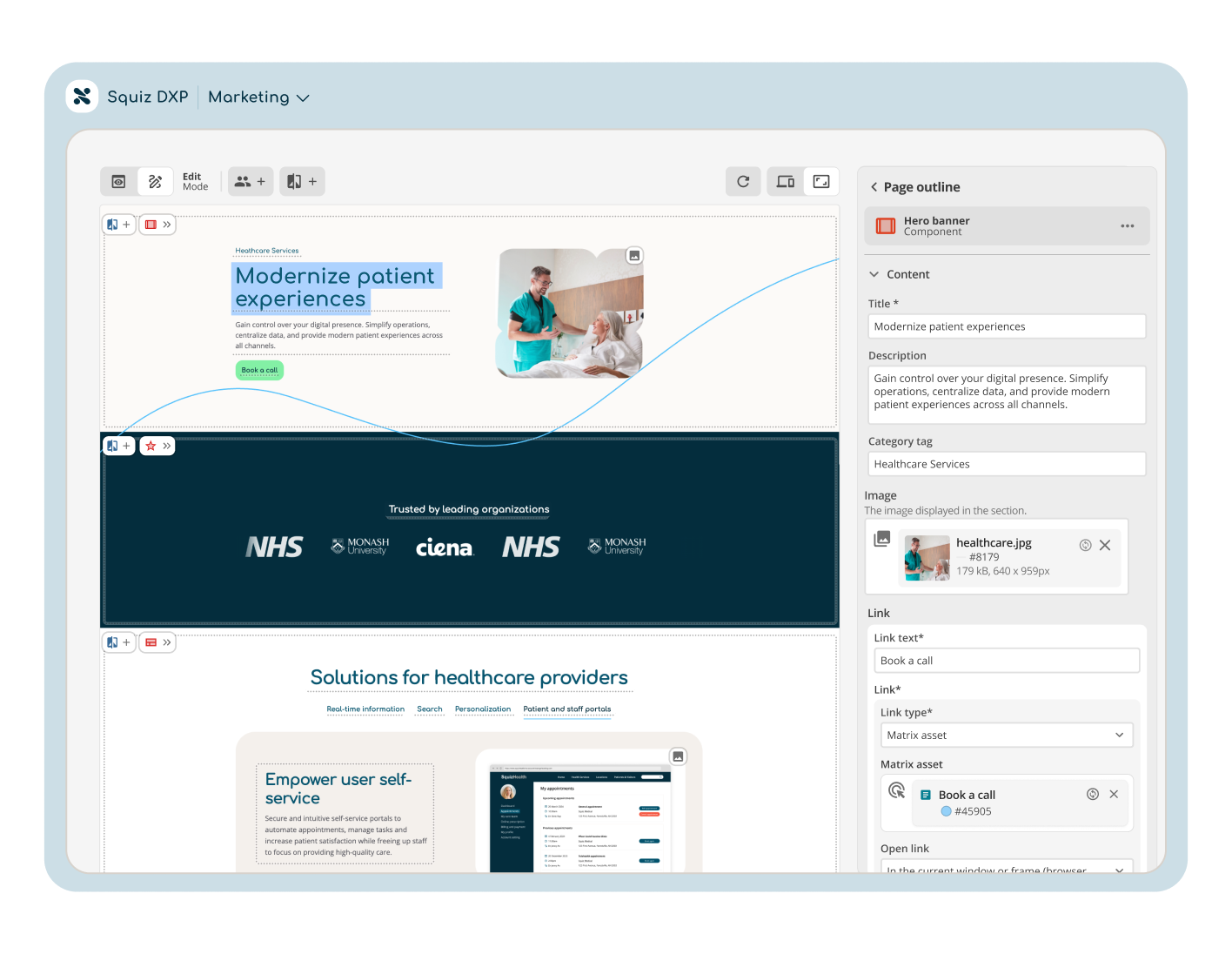 Squiz DXP's visual page builder, showing a healthcare services page within an inline editing interface. An editing panel on the right-hand side shows editable form fields that reflect the webpage components in the inline editing interface. 