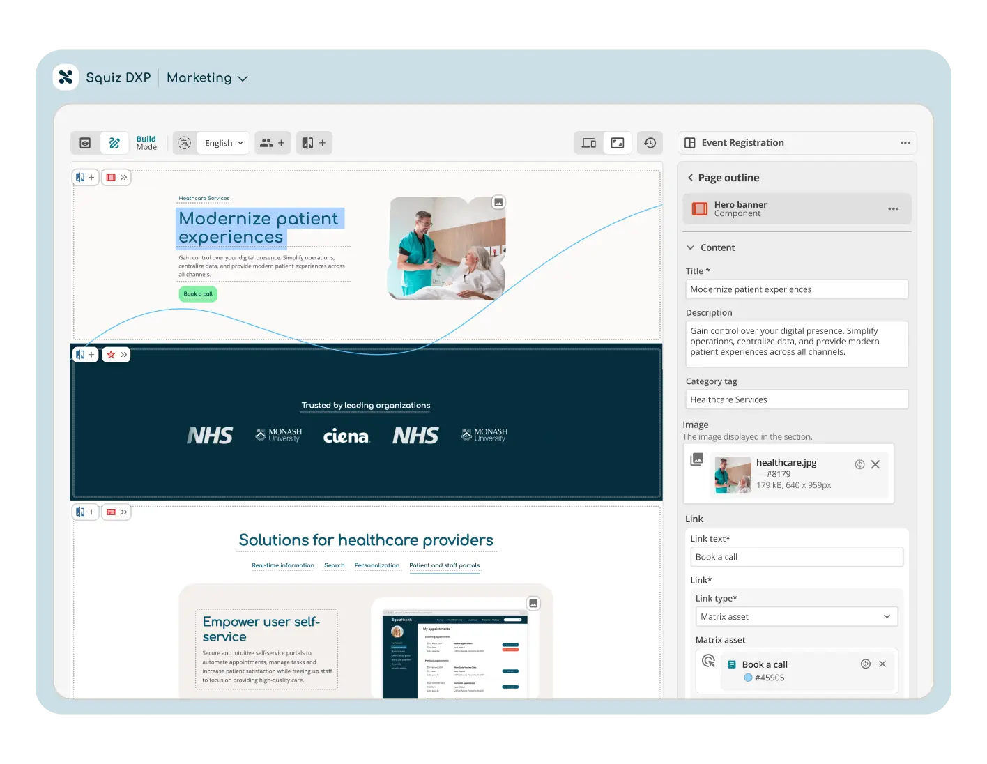 Squiz DXP's visual page builder, showing a healthcare services page within an inline editing interface. An editing panel on the right-hand side shows editable form fields that reflect the webpage components in the inline editing interface. 