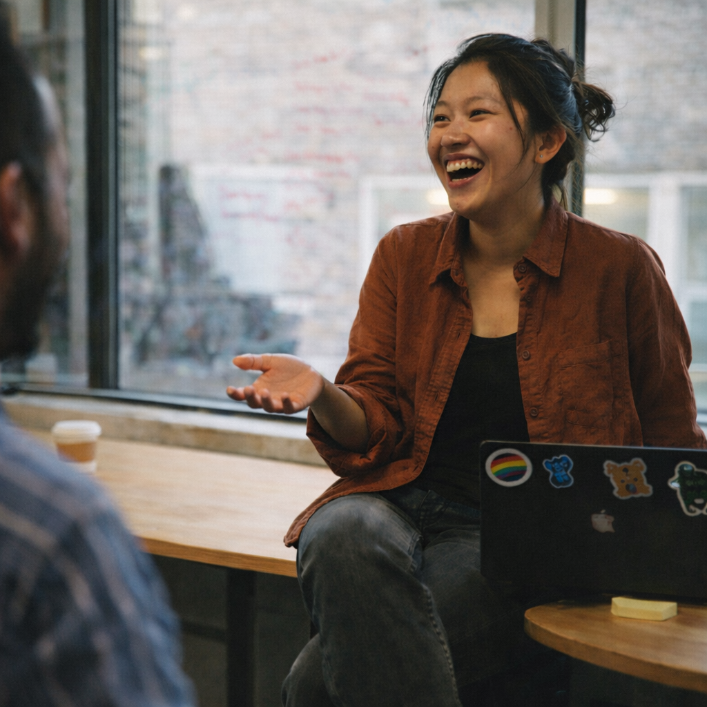Image of Squiz team member laughing on a desk