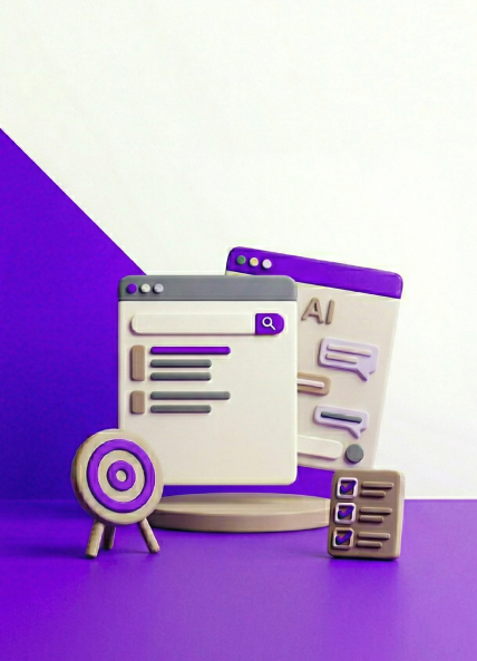D illustration of a search engine results page and an AI chat interface displayed side by side, with a target and a checklist in the foreground, set against a bold purple background, representing the shift from traditional SEO to AI-driven search optimisation strategies.