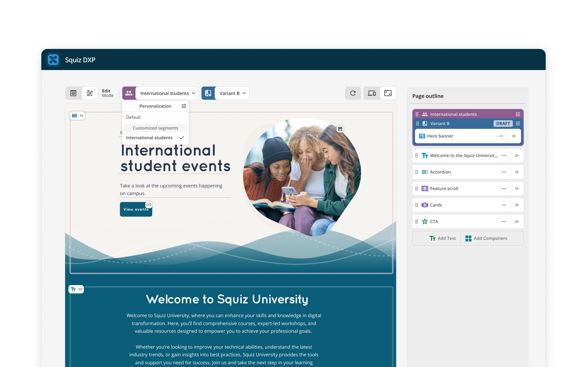Squiz DXP's Visual Page Builder interface. It shows a university webpage (named 