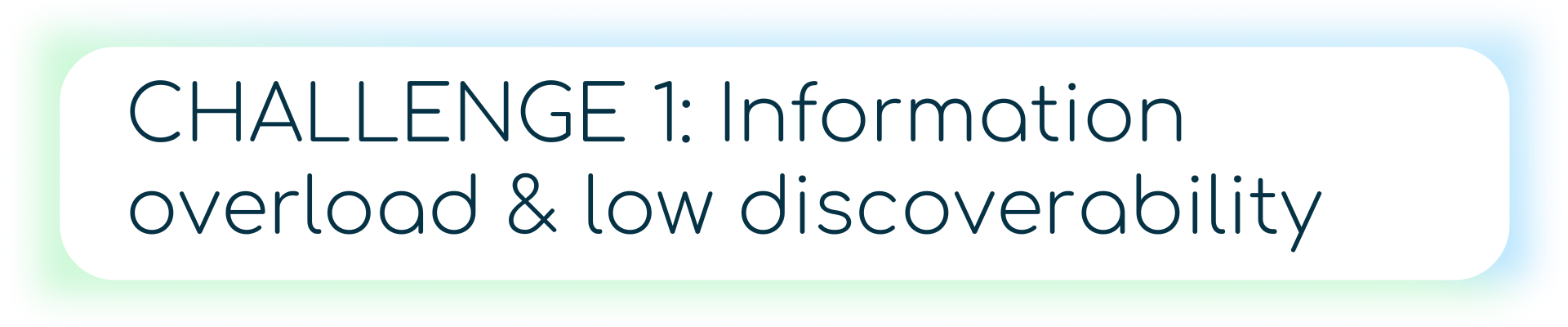A banner with a green alert icon and the text “CHALLENGE 1: Information overload & low discoverability,” highlighting difficulties users face in finding relevant content.
