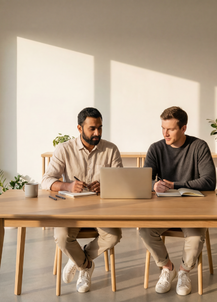 Two men sat in front of a laptop talking about work in a work environment