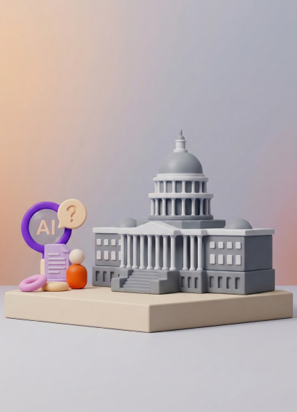 Graphic showing a government building with an AI search graphic next to it