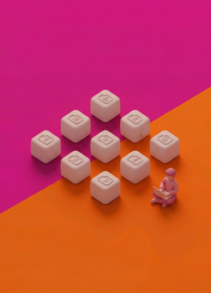 3D illustration of a grid of content blocks arranged in a diamond pattern, with a small figure sitting beside them working on a laptop, representing how fragmented content silos can hinder the student experience.