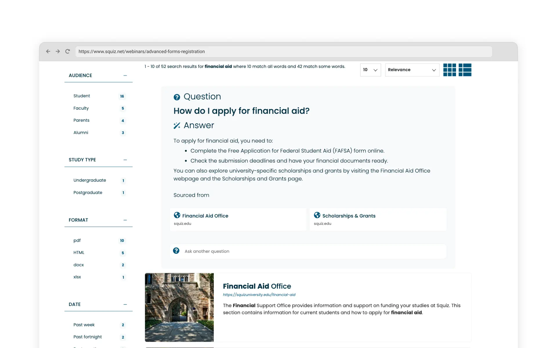 Conversational search interface displaying an AI-generated answer to a financial aid question, with sources and additional search results below.