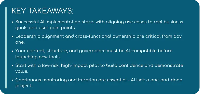 A slide titled "KEY TAKEAWAYS" summarizing that successful AI implementation requires aligning with business goals and user pain points, ensuring leadership and content readiness, starting with a low-risk pilot, and continuously monitoring and iterating—emphasizing that AI is not a one-time effort.