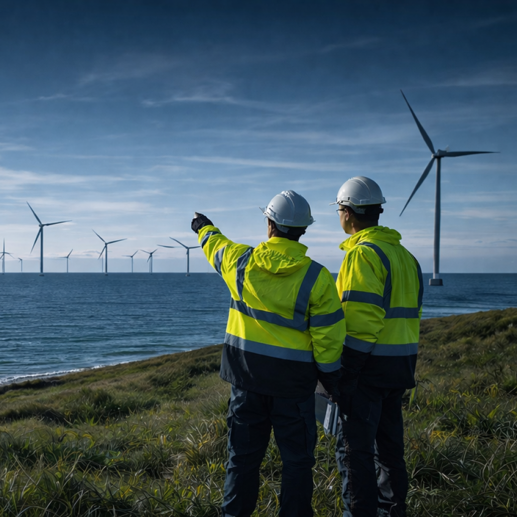 Image of utilities workers overlooking wind farm