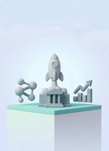 3D illustration of a rocket launching from a government building, surrounded by a network diagram and a rising bar chart with an upward arrow, representing digital transformation in local government.