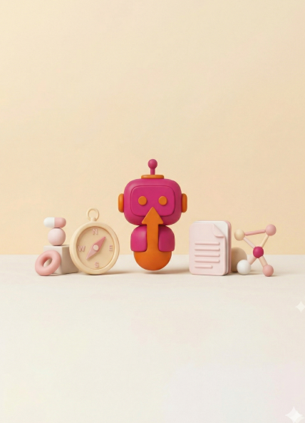 3D illustration of a pink robot with an upward arrow on its chest, surrounded by a compass, a document, and a molecular network icon, representing the key digital experience trends shaping 2026 as AI moves beyond experimentation.