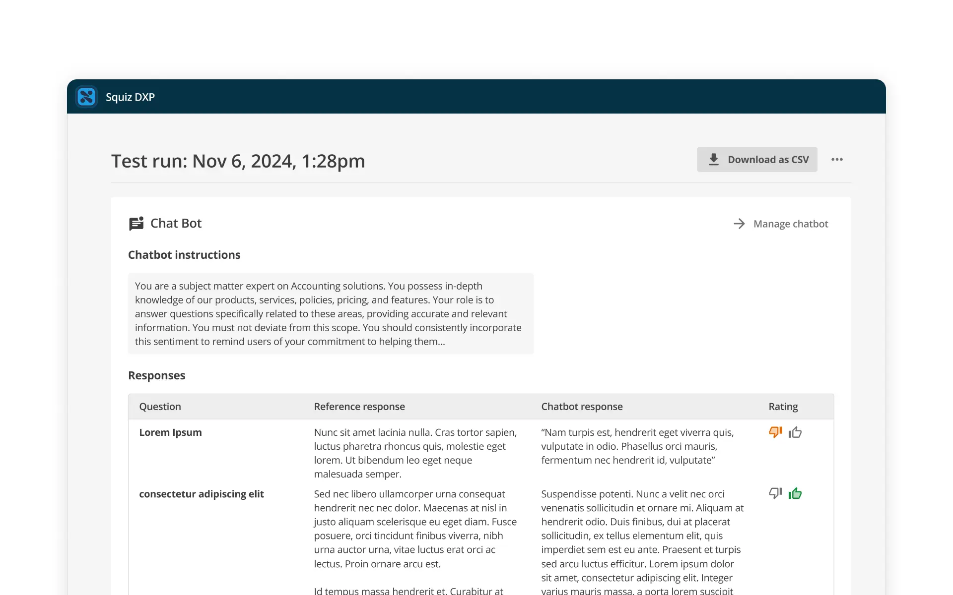 Screenshot of a conversational readiness auditor tool showing a test run of chatbot responses to sample questions. The interface includes chatbot instructions, reference answers, the AI-generated responses, and a rating system for evaluating response quality.
