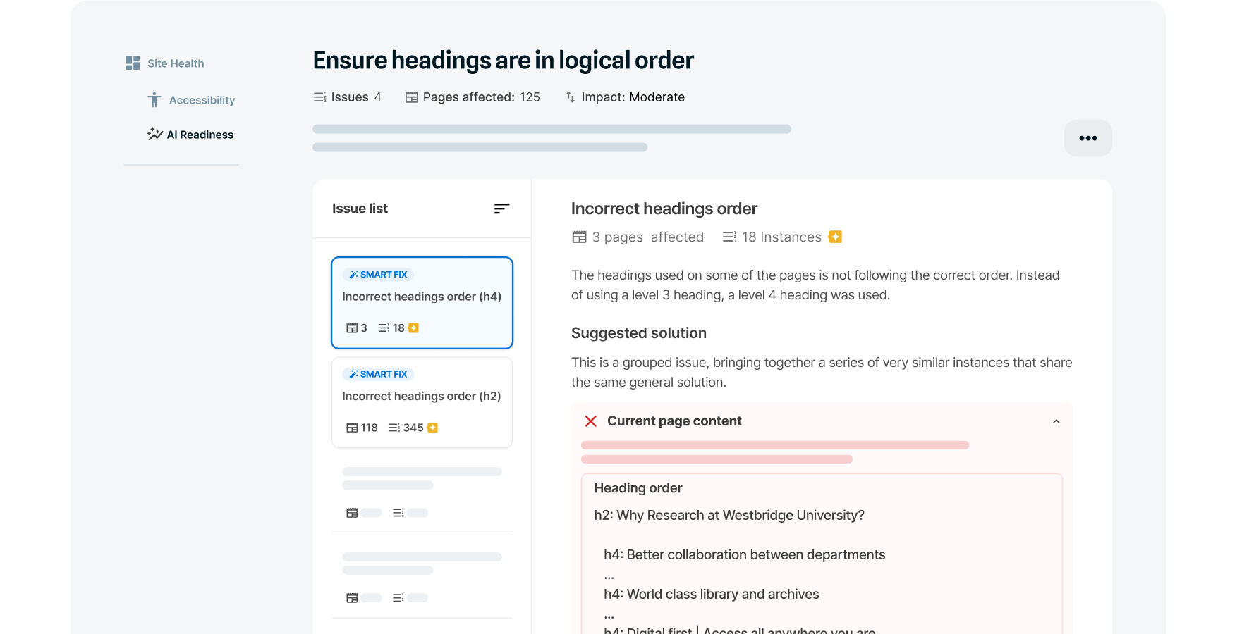 Example Squiz interface content optimization priority list