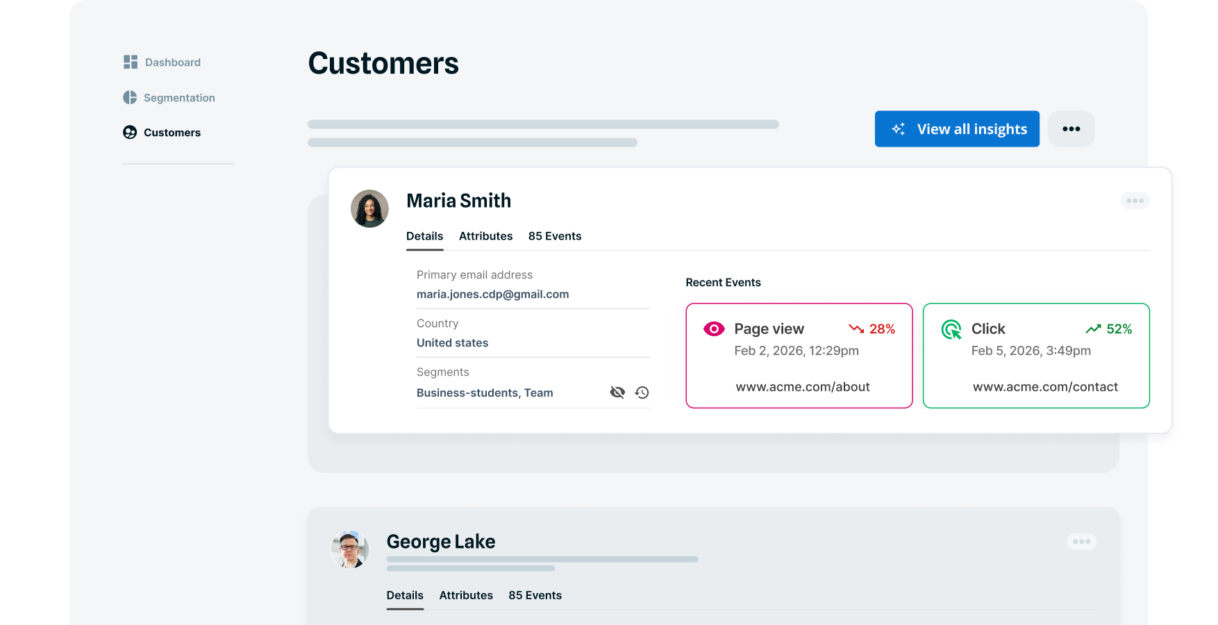 Example Squiz interface CDP single view of customer interface