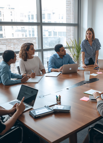 A team talking around a table with laptops in a meeting room