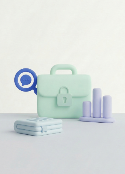 Graphic showing a secure briefcase, search magnifying glass, and bar charts