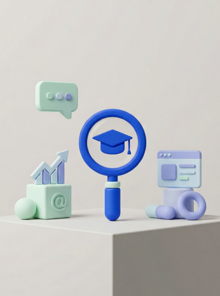 D illustration of a magnifying glass with a graduation cap inside, surrounded by a chat bubble, a rising bar chart with an email icon, and a browser window, representing how answering prospective students' questions drives higher enrolment conversions.