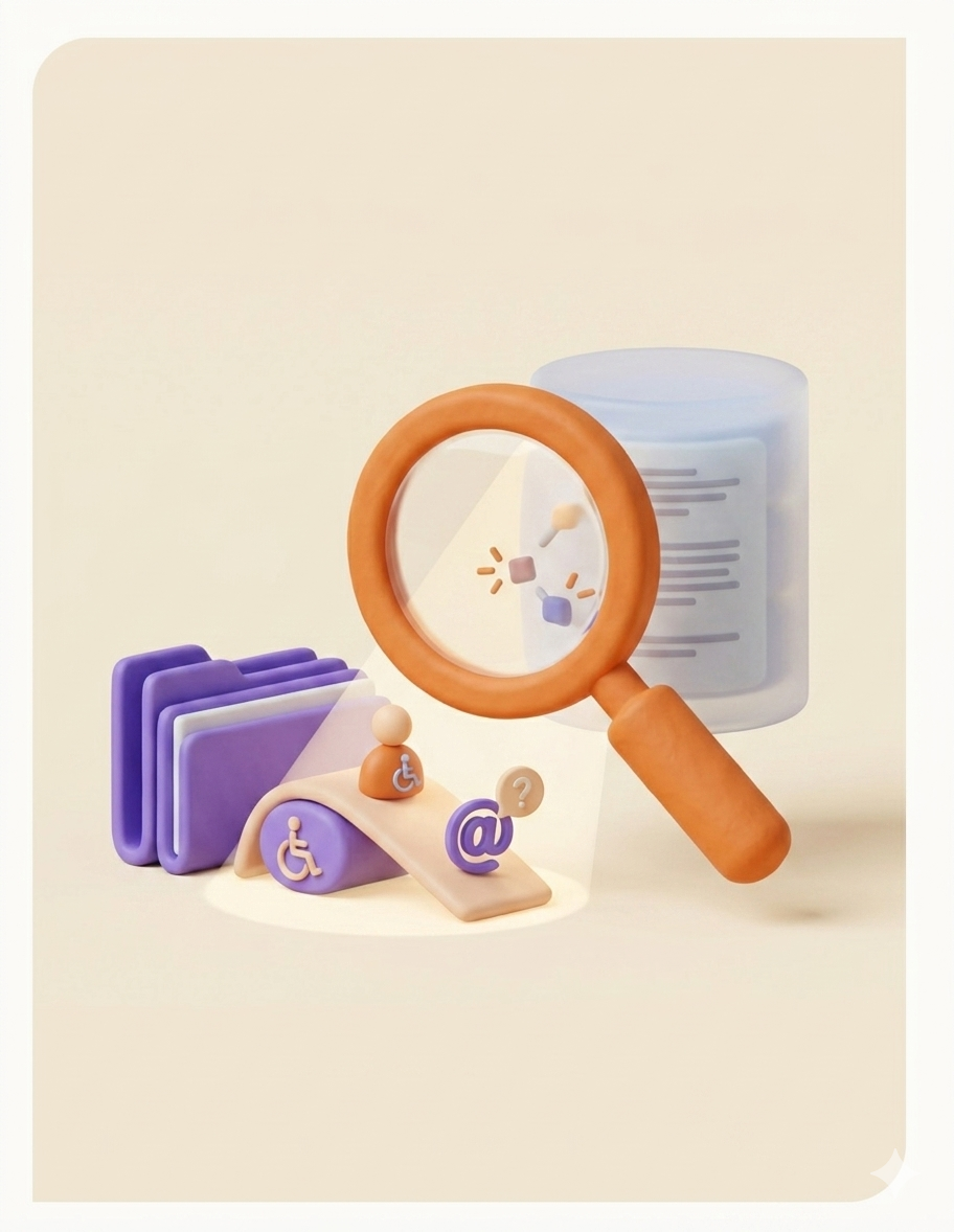 A clean, minimalist 3D claymorphism-style illustration features several floating elements on a light cream background. In the foreground, a large stylized magnifying glass with an orange handle and rim is positioned over a light beam. Inside the beam, a small purple person figure stands on a cream-colored curved ramp marked with a white white wheel-chair accessibility icon. Next to the person on the ramp is a large '@' symbol with a small speech bubble containing a white question mark icon. The magnifying glass is partially over a tall, frosted blue-grey data cylinder. The cylinder has lines and faint text on its surface, and a section of its interior is revealed, containing glowing blue dots connected by small lines and two sparks, suggesting data processing or AI. To the left, a stack of four multi-colored file folders with soft-rounded edges floats in place. Each file folder has a symbol on its tab, including an '@' sign, a question mark, a gear, and a human profile. The entire scene has a soft, matte finish. The illustration is set within a light-colored frame with rounded corners.