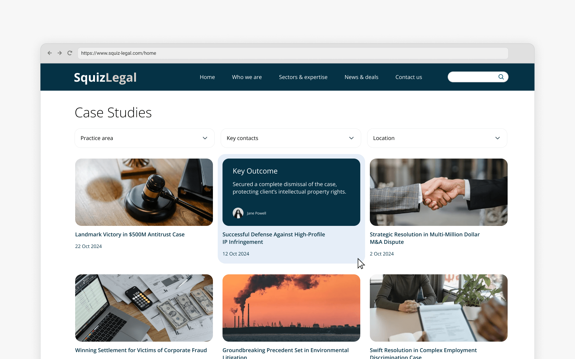 Screenshot of a law firm's webpage, featuring the firm's case studies.