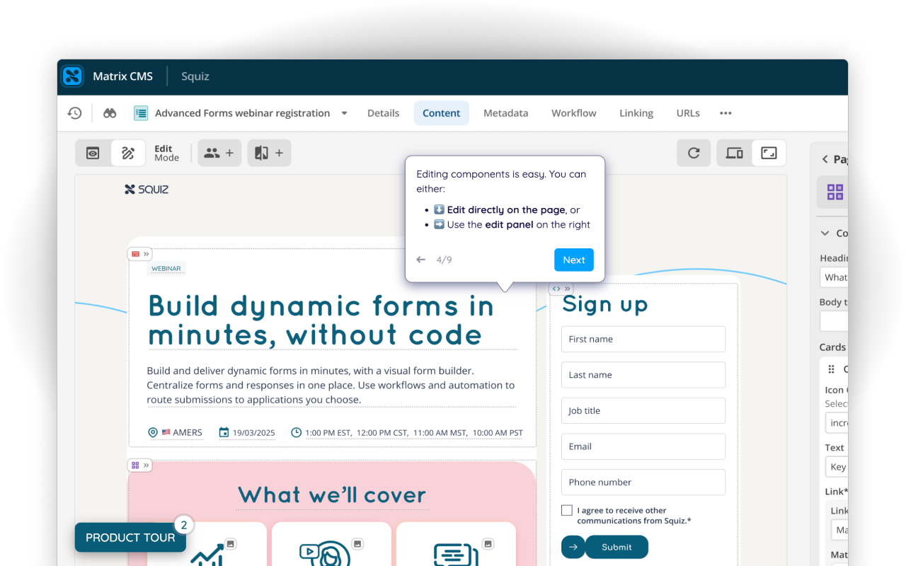 A demo screen displaying a visual page builder with a WYSIWYG and form embed component. A demo tooltip hovers over a metadata tab, and reads: Now that the page contents are complete, it's time to update the metadata. 