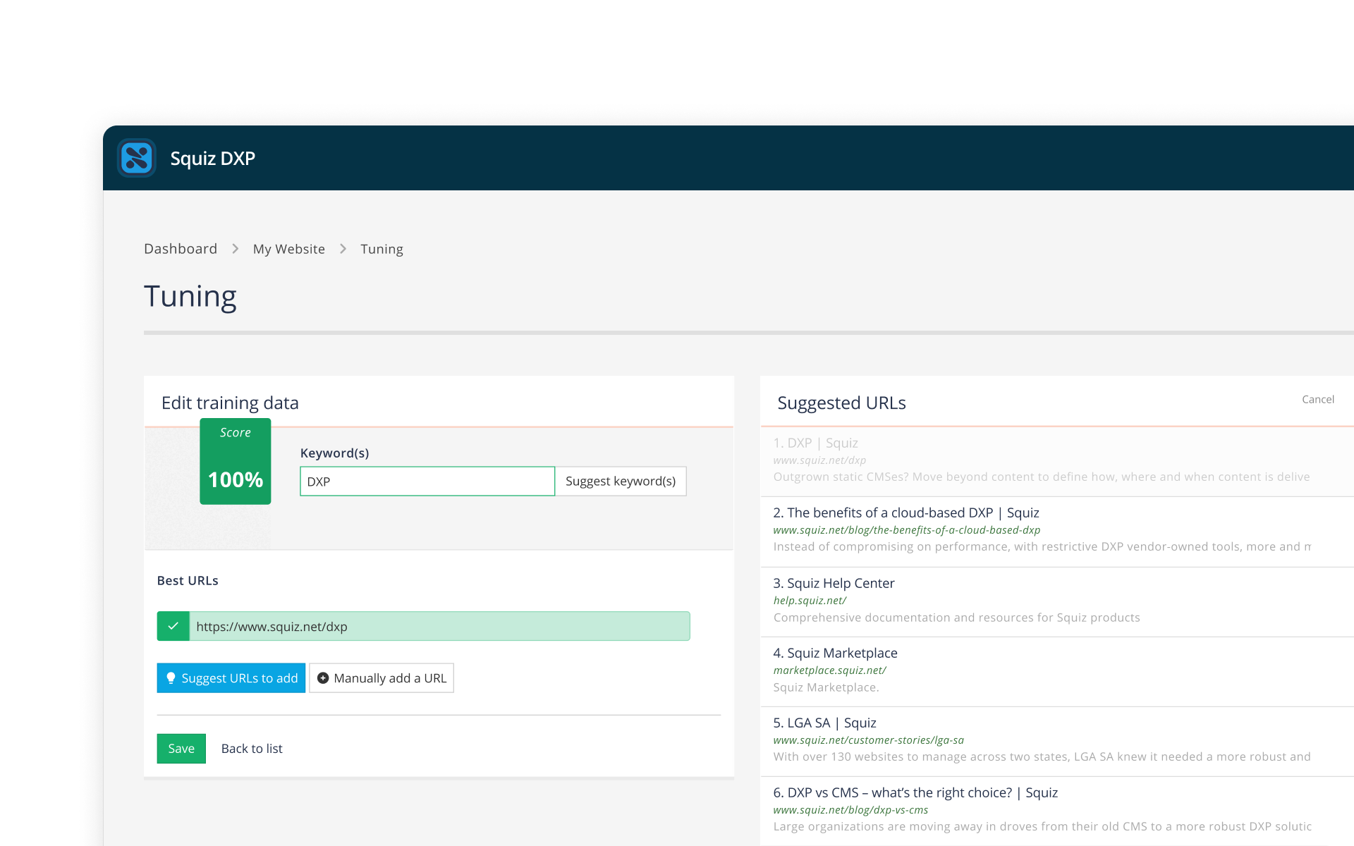 Screenshot of a tuning interface for training search algorithms. The interface shows suggested URLs to prioritize, and options to manually add URLs, to enable the algorithm to learn the characteristics of the most authoritative sources over time. 