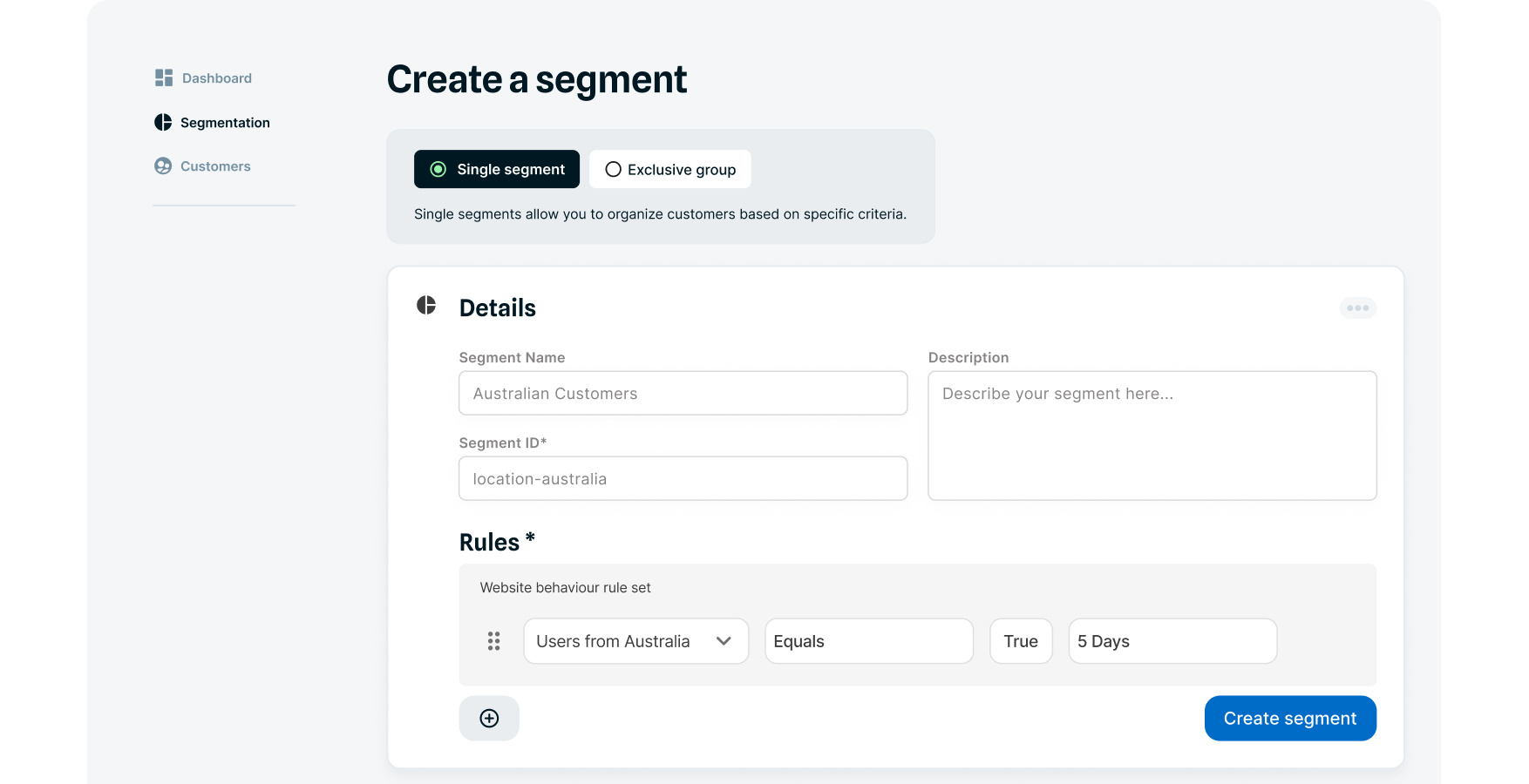 Example Squiz interface CDP - segmentation creation