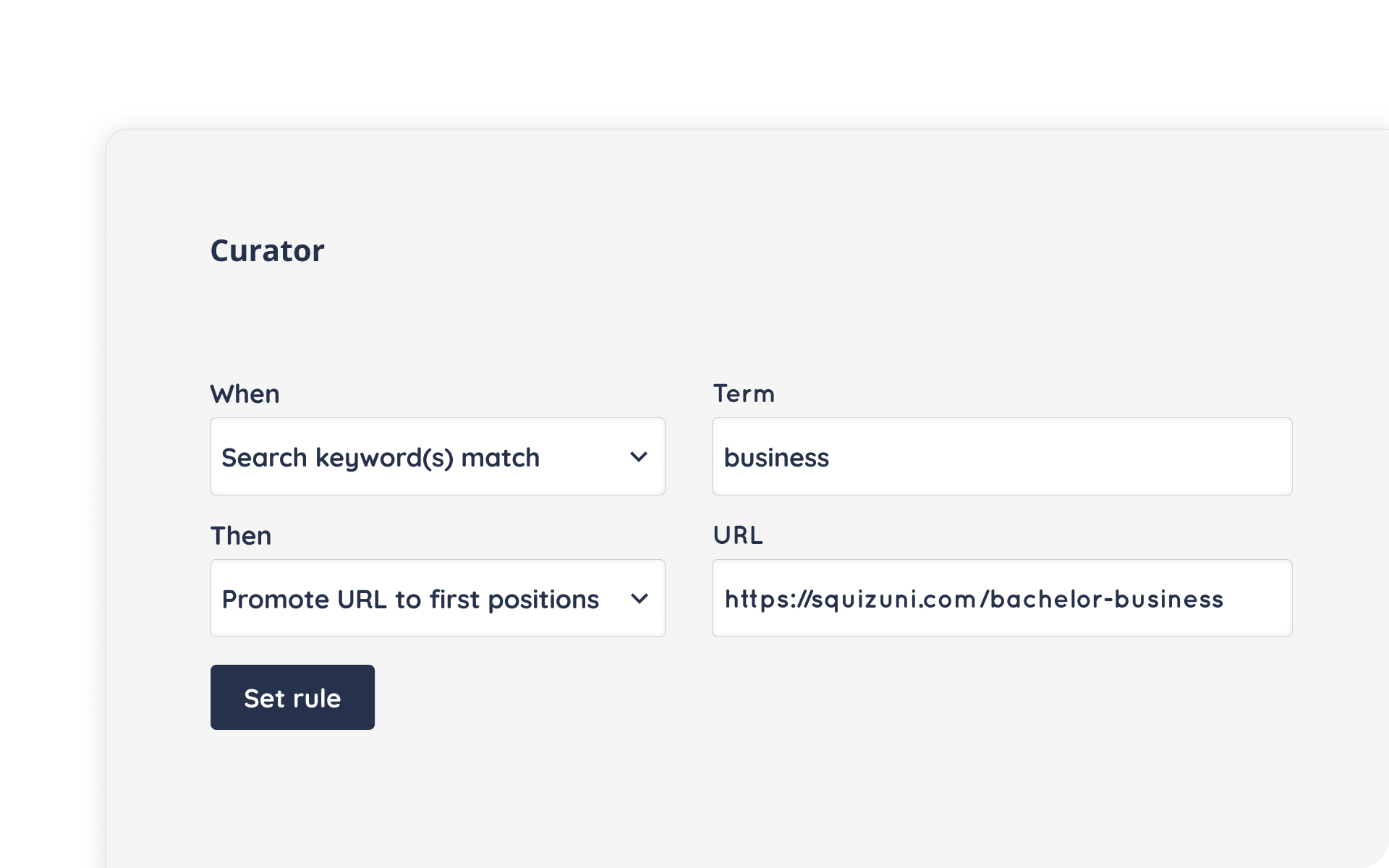 A search results curator tool that allows you to promote results, personalize content or run specific rules based on the query, context or user behavior.
