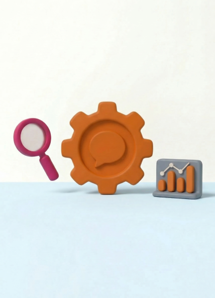 Graphic of a cog, search magnifying glass and bar chart