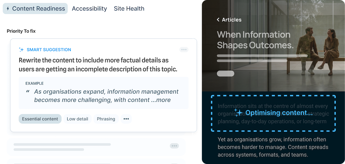 Prioritized content fixes shown overlaid on a webpage with Squiz Content Intelligence