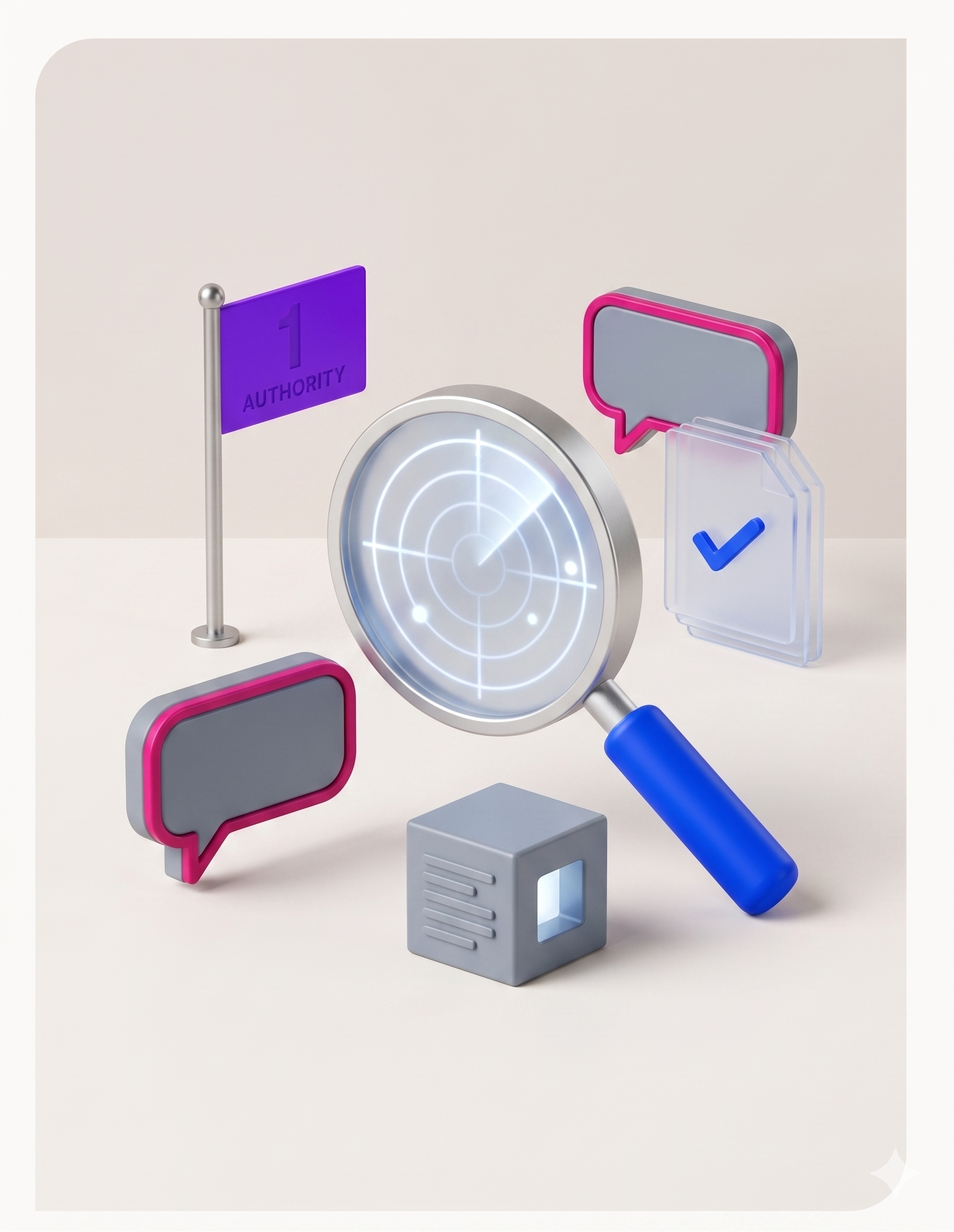 A 3D illustration features a stylized visibility lens on a satin aluminum stand at the center of the composition, symbolizing an active audit looking for content invisible to AI. The lens handle is matte Bold Blue (#0037FF) plastic, and the lens itself, made of frosted glass, contains a glowing radar sweep. Arranged around the central lens are four small supporting icons, rendered with visible thickness and smooth bevelled edges. To the left, an Electric Violet (#8800FF) matte plastic flag, marked with '1' and 'AUTHORITY', stands on a brushed metal pole. Next to it is a Steel Grey (#88939E) question mark icon in a Magenta (#D9066C) outline, representing a citizen-critical question. To the right, a unified instruction document icon, rendered in translucent acrylic, is subtly marked with a Bold Blue (#0037FF) checkmark. Behind the document is an interpretable structure block, made of Steel Grey (#88939E) matte plastic, with a minimal text-line texture. All 4–6 objects are fully three-dimensional, made from mixed realistic materials, and arranged with generous negative space on a table-like surface of matte plaster in a warm neutral cream (#F7F3ED). Soft directional studio lighting creates a calm, balanced composition with subtle rim lighting and strong ambient occlusion shadows.